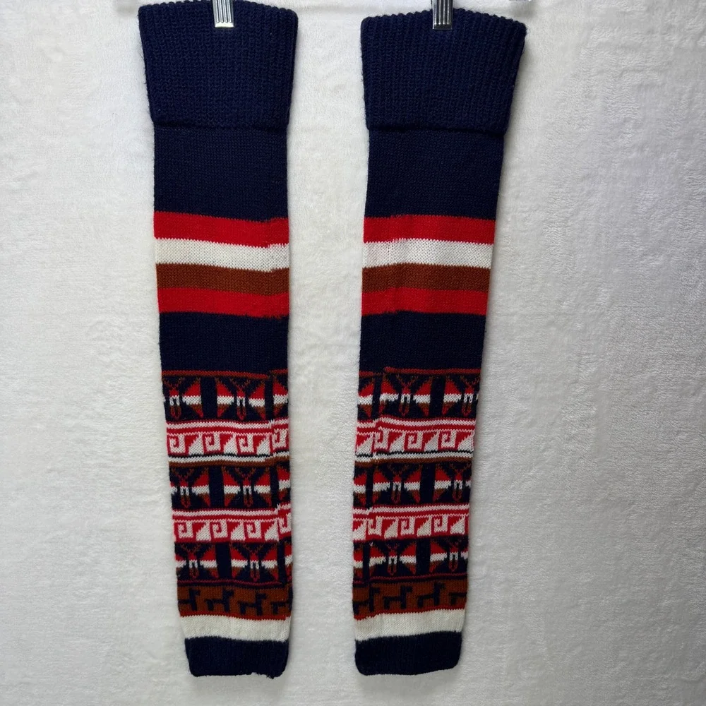 Navy Blue Fair Isle Knit Thigh High Leg Warmers Reindeer Nordic Over The Knee
